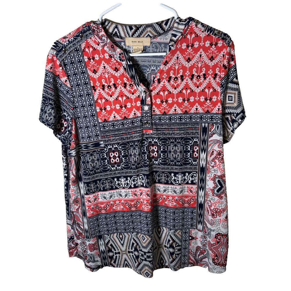 Diana Belle Blouse Women's Large V-Neck Popover Short Sleeve Printed Shirt